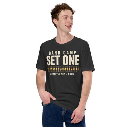 Set One marching band drill chart t-shirt — Dark Grey, on model