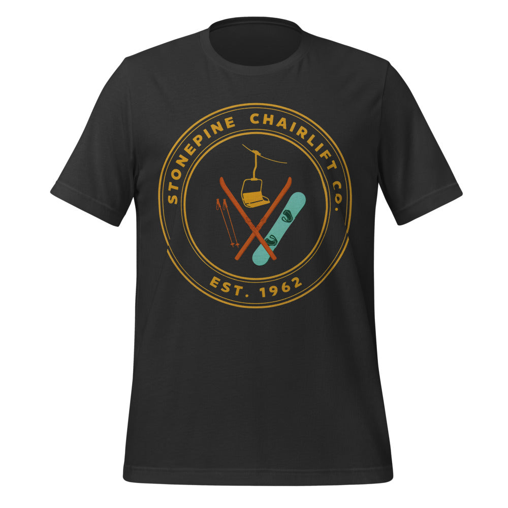 Stonepine Chairlift Co. retro vintage ski club badge t-shirt — Dark Grey, front