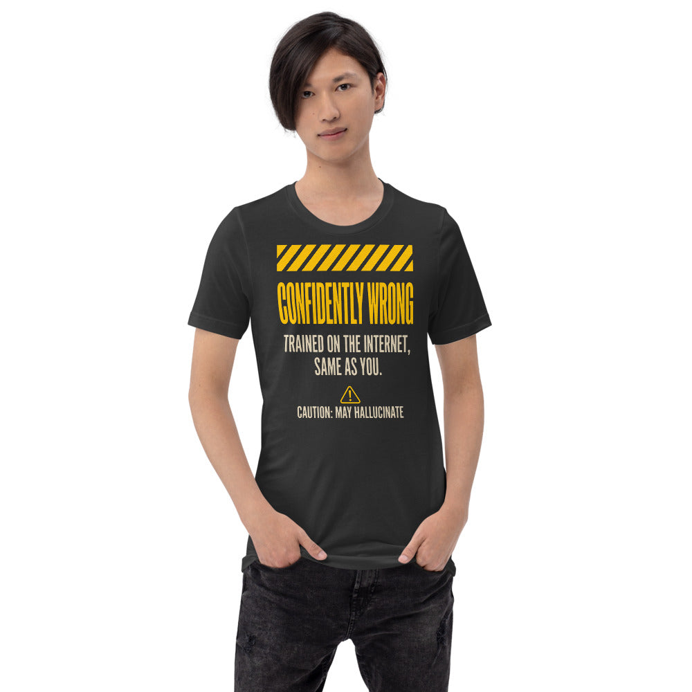 Confidently Wrong AI hazard-label unisex t-shirt — Dark Grey, on model