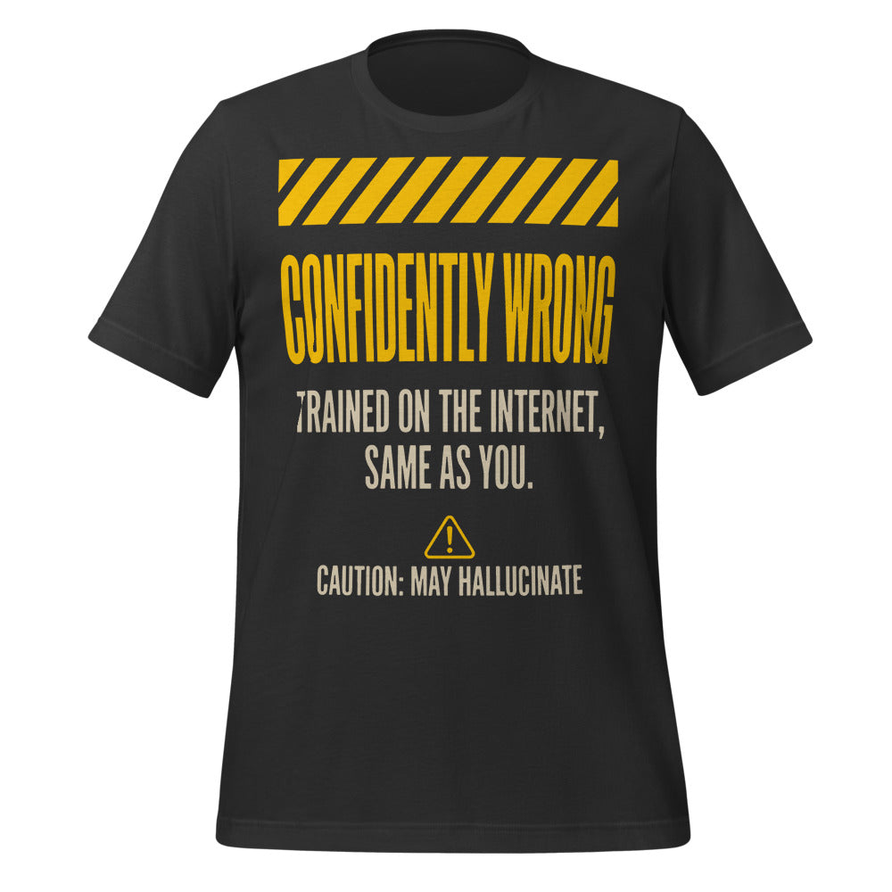 Confidently Wrong AI hazard-label unisex t-shirt — Dark Grey, front