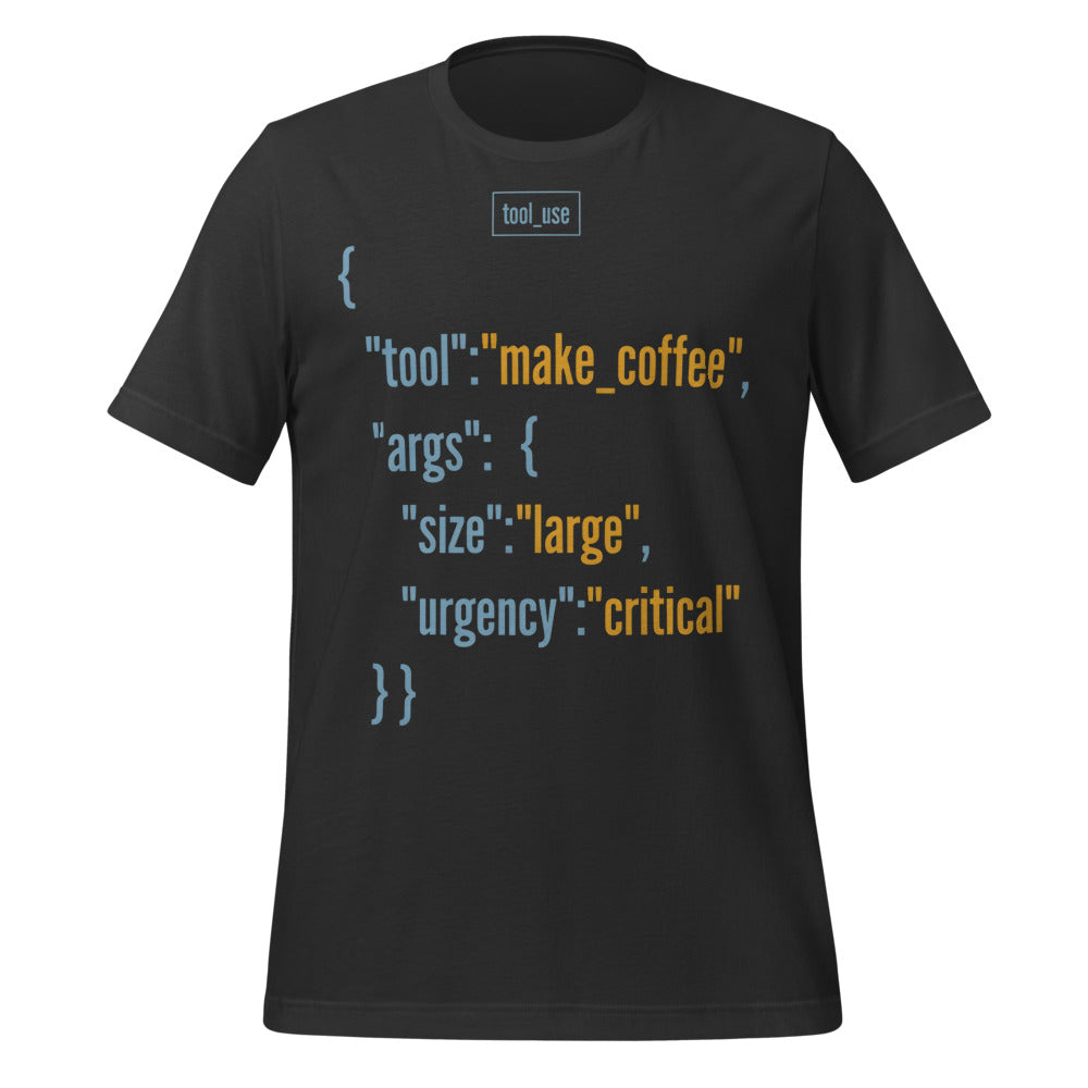 Tool Call Make Coffee AI engineer tee — Dark Grey, front