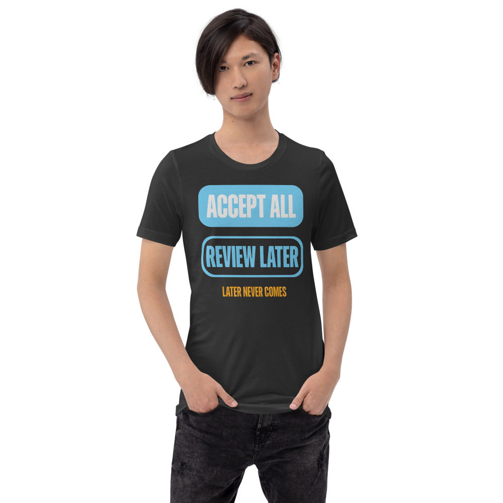 Accept All Review Later tee — Dark Grey, on model