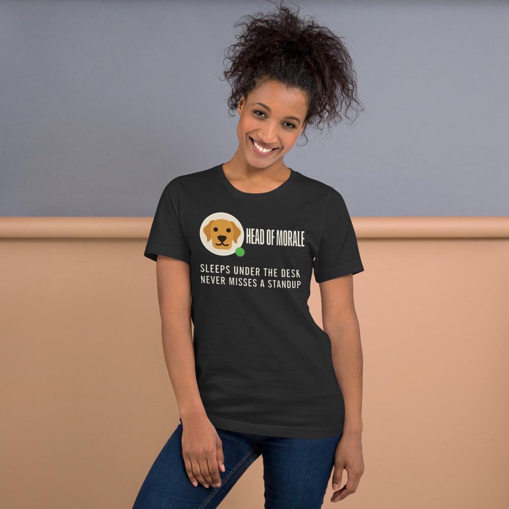 Head of Morale dog profile card unisex t-shirt — Dark Grey, on model