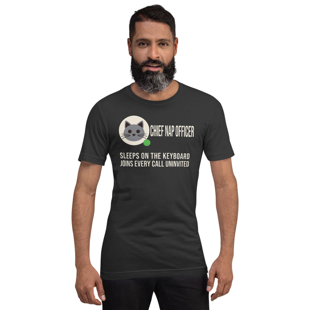 Chief Nap Officer cat profile card unisex t-shirt — Dark Grey, on model