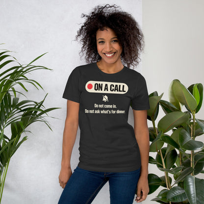 On A Call do not disturb status unisex t-shirt — Dark Grey, on model
