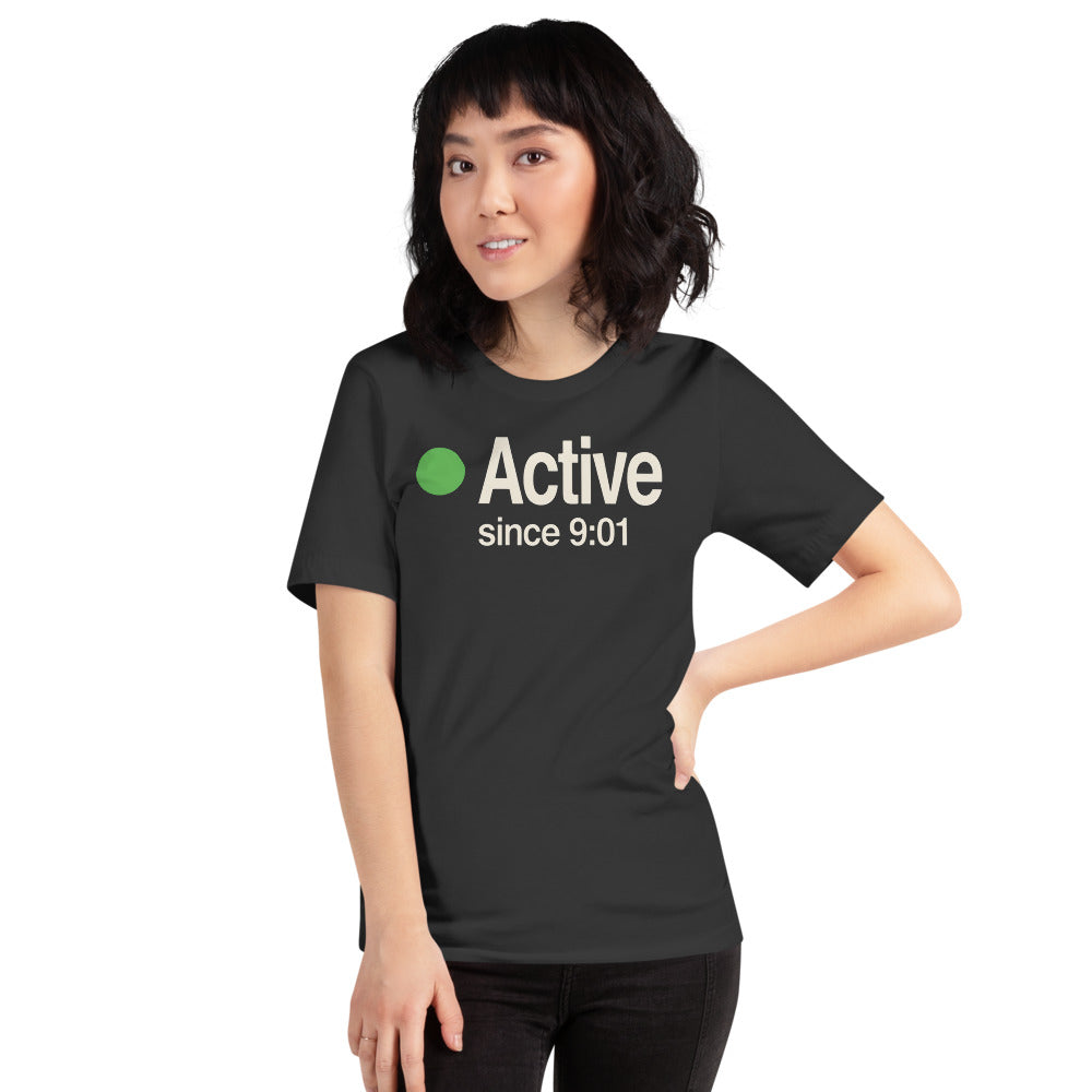 Active Since 9:01 presence status unisex t-shirt — Dark Grey, on model