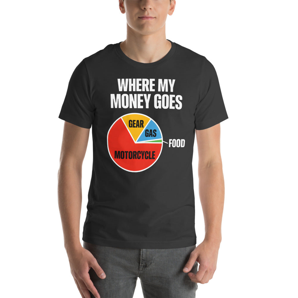 Where My Money Goes funny motorcycle tee — Dark Grey, on model