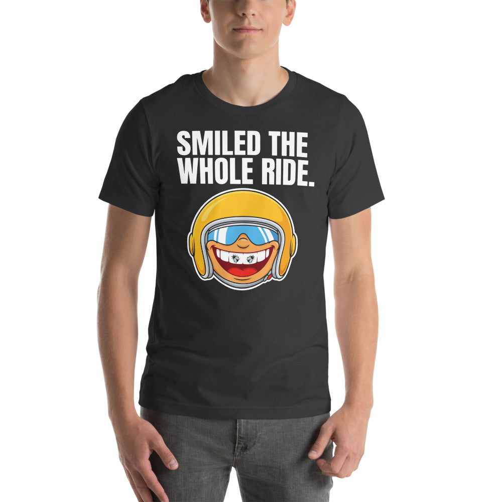 Smiled The Whole Ride funny motorcycle tee — Dark Grey, on model