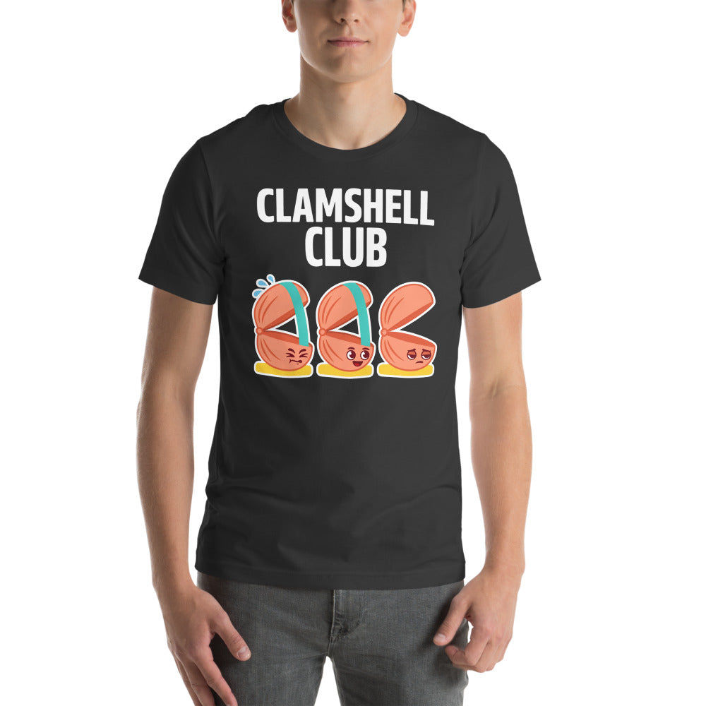 Clamshell Club funny physical therapy tee — Dark Grey, on model