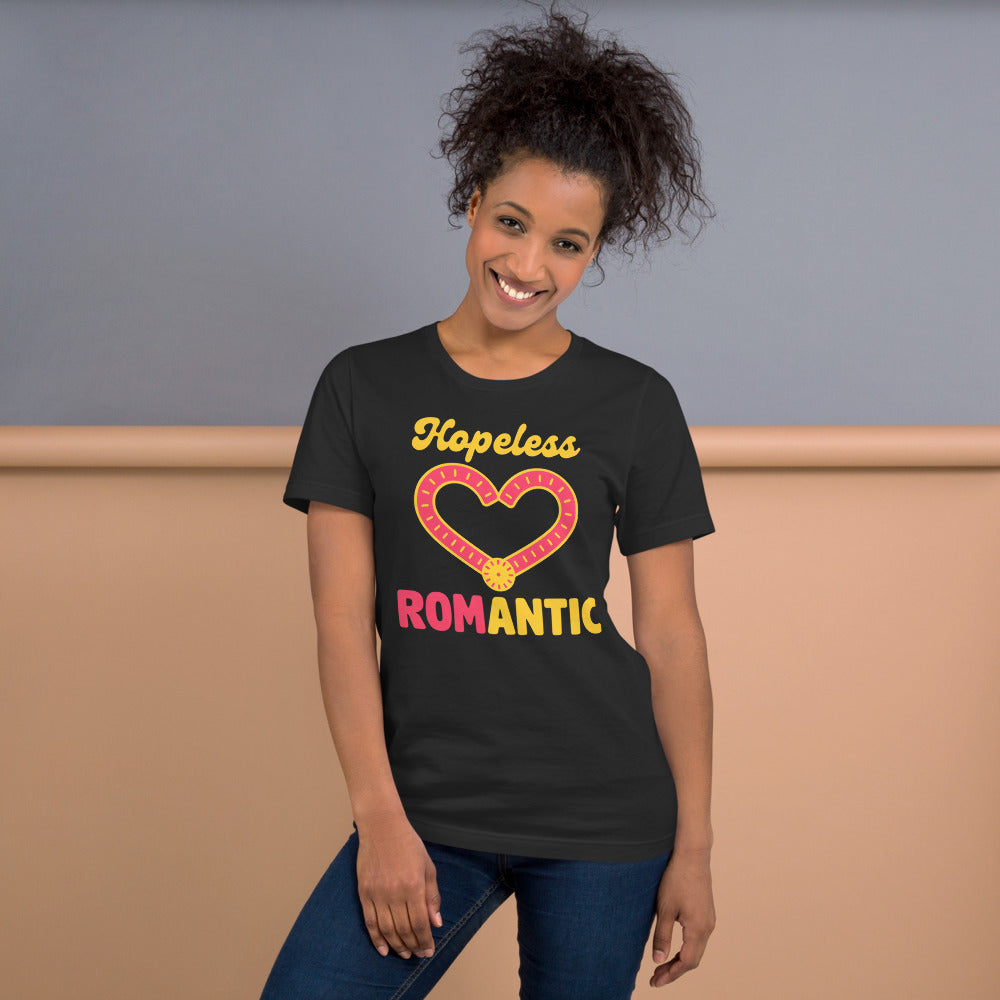 Hopeless ROMantic funny physical therapy tee — Dark Grey, on model
