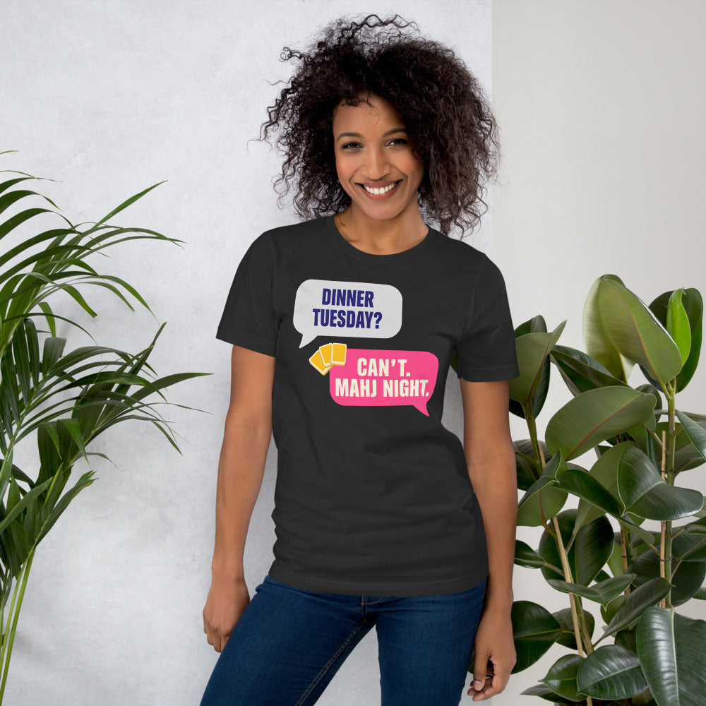 Mahj Night funny mahjong tee — Dark Grey, on model