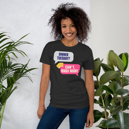 Mahj Night funny mahjong tee — Dark Grey, on model