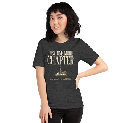 Just One More Chapter book lover dark academia tee — Dark Grey Heather, on model