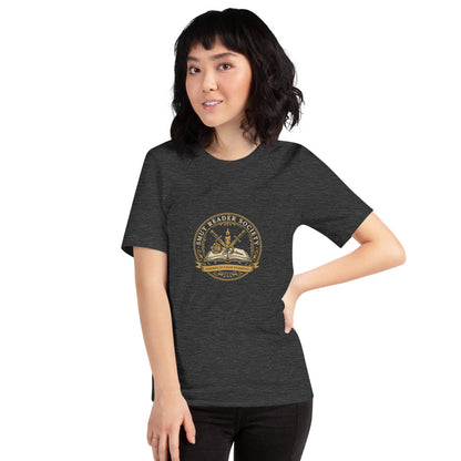 Smut Reader Society book lover dark academia tee — Dark Grey Heather, on model