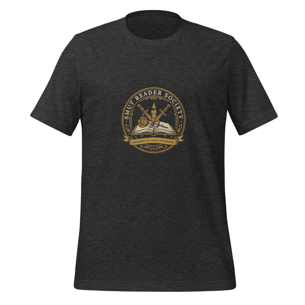 Smut Reader Society book lover dark academia tee — Dark Grey Heather, front