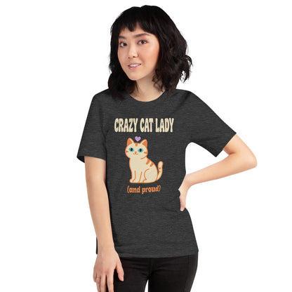Crazy Cat Lady and Proud retro Y2K tee — Dark Grey Heather, on model