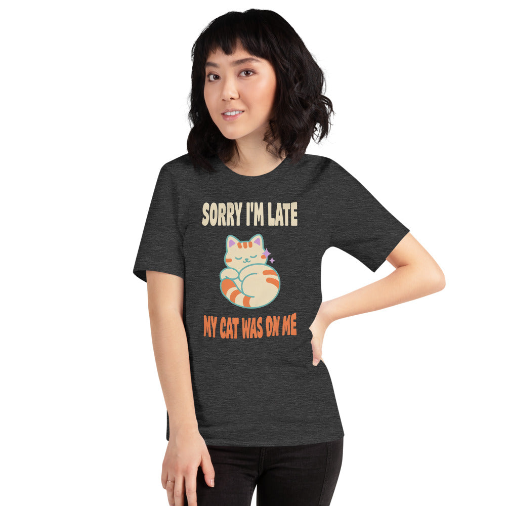 Sorry I'm Late My Cat Was On Me funny cat mom t-shirt — Dark Grey Heather, on model