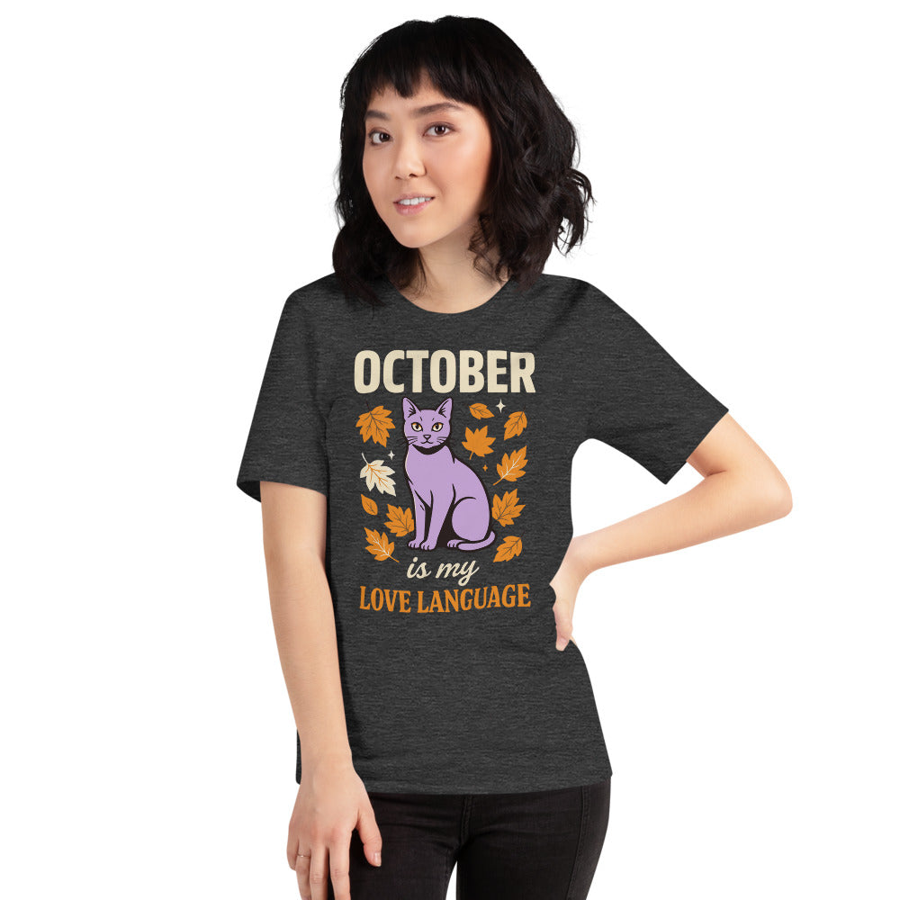 October Is My Love Language retro Halloween black cat tee — Dark Grey Heather, on model