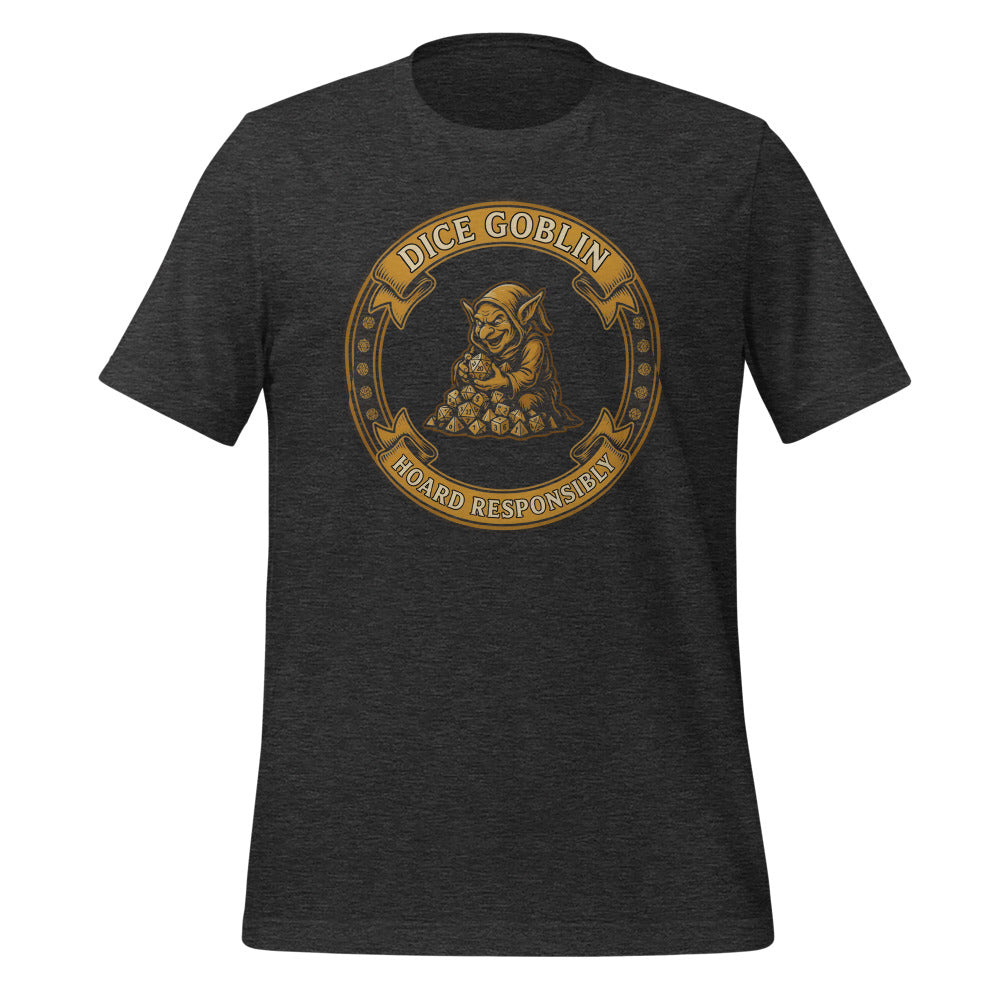 Dice Goblin Hoard Responsibly tabletop RPG tee — Dark Grey Heather, front