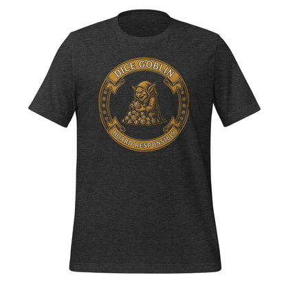 Dice Goblin Hoard Responsibly tabletop RPG tee — Dark Grey Heather, front