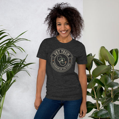 Vet Tech Crest retro veterinary technician tee — Dark Grey Heather, on model