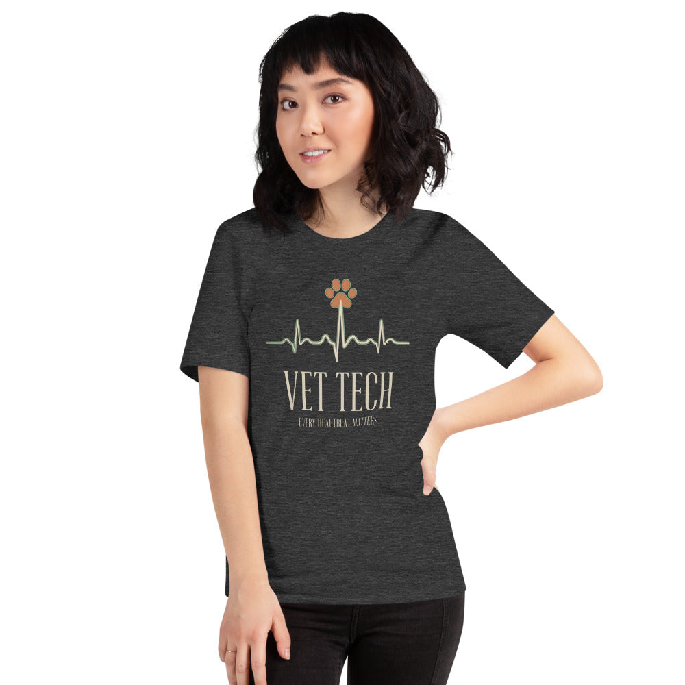 Every Heartbeat Matters minimalist vet tech tee — Dark Grey Heather, on model