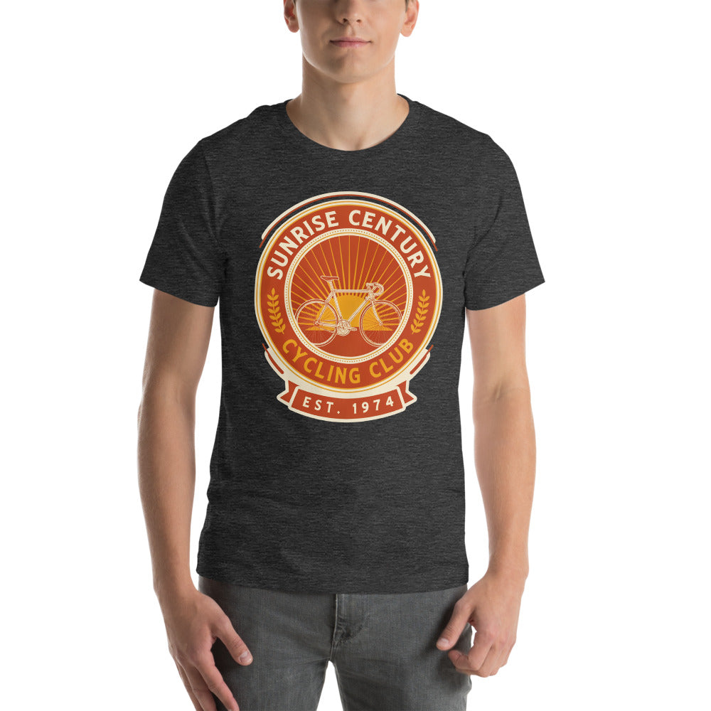 Sunrise Century C.C. retro cycling club badge t-shirt — Dark Grey Heather, on model
