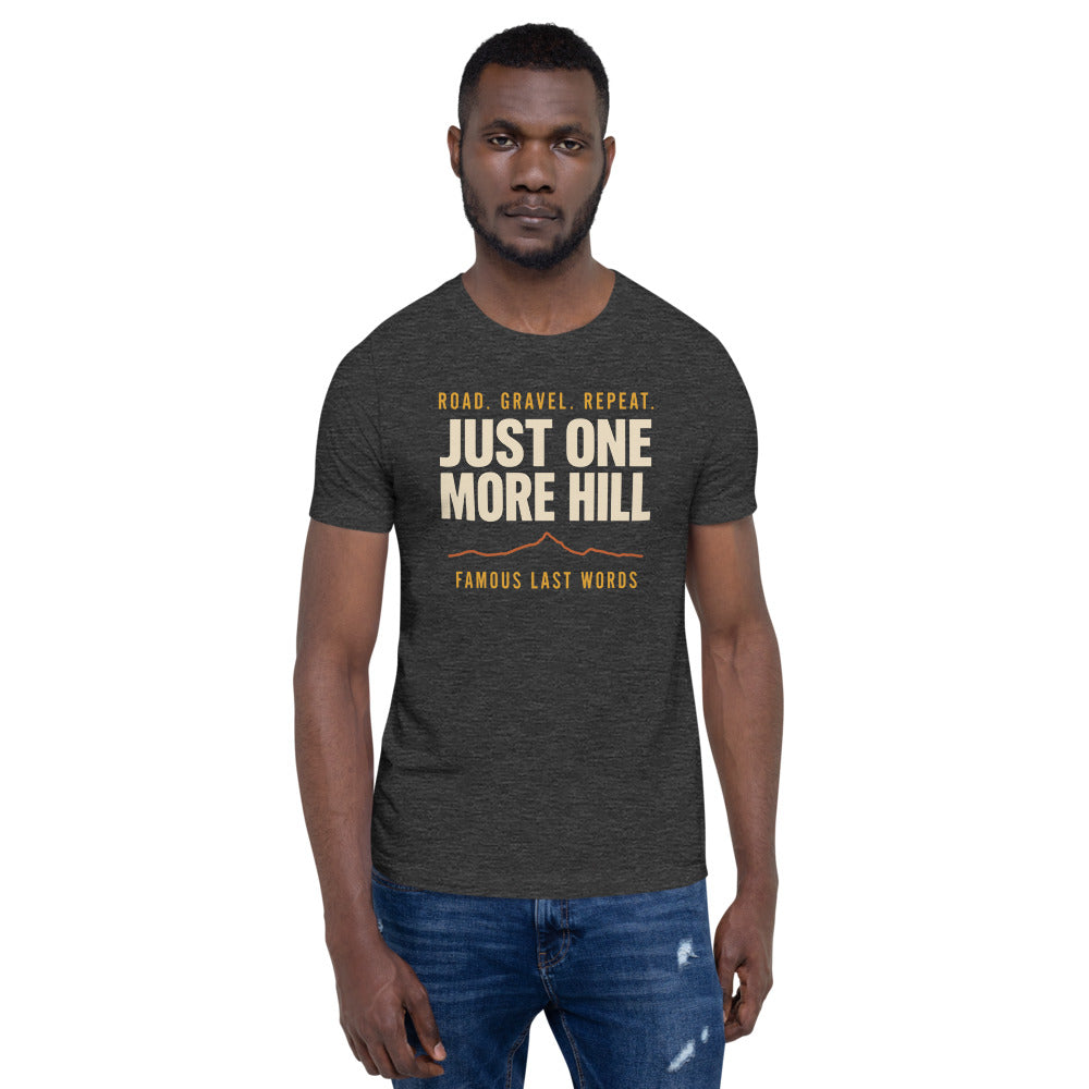 Just One More Hill retro cycling climb t-shirt — Dark Grey Heather, on model