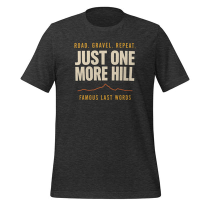 Just One More Hill retro cycling climb t-shirt — Dark Grey Heather, front