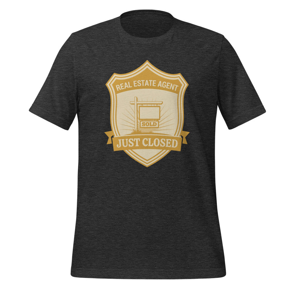 Just Closed real estate agent tee — Dark Grey Heather, front