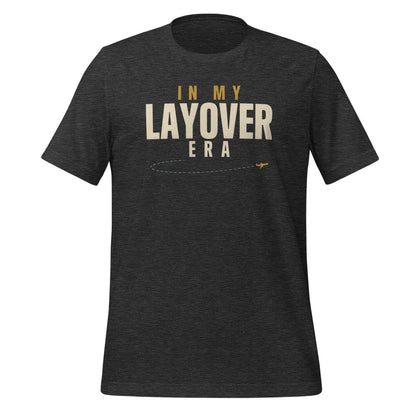 In My Layover Era flight attendant tee — Dark Grey Heather, front