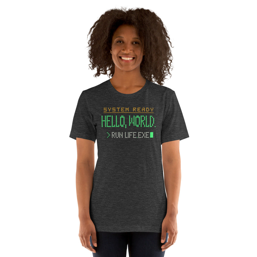 Hello World retro boot screen programmer tee — Dark Grey Heather, on model