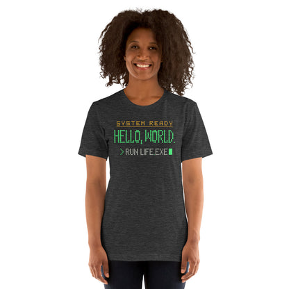 Hello World retro boot screen programmer tee — Dark Grey Heather, on model