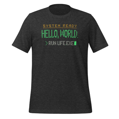Hello World retro boot screen programmer tee — Dark Grey Heather, front