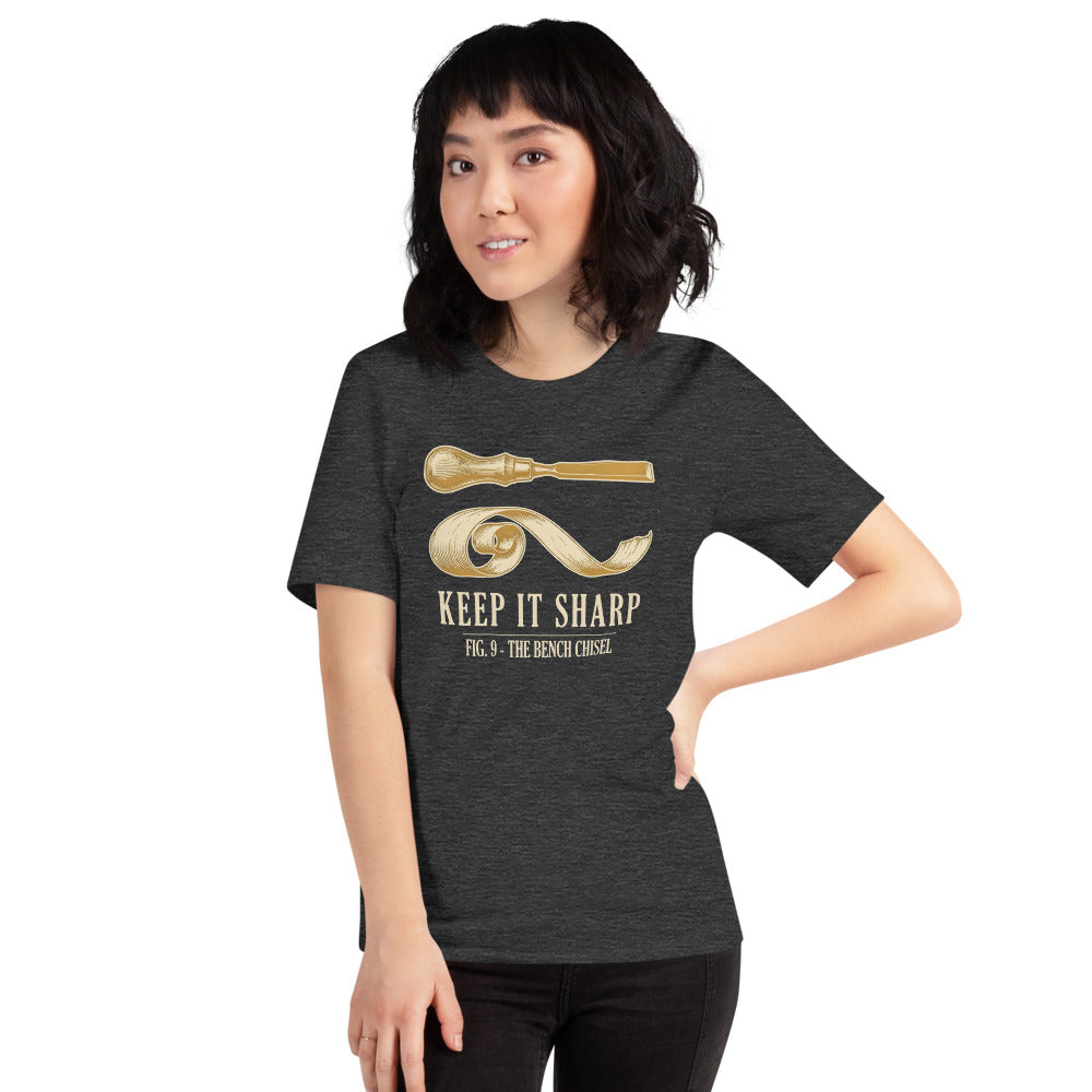 Keep It Sharp woodworking tee — Dark Grey Heather, on model