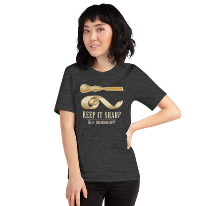 Keep It Sharp woodworking tee — Dark Grey Heather, on model