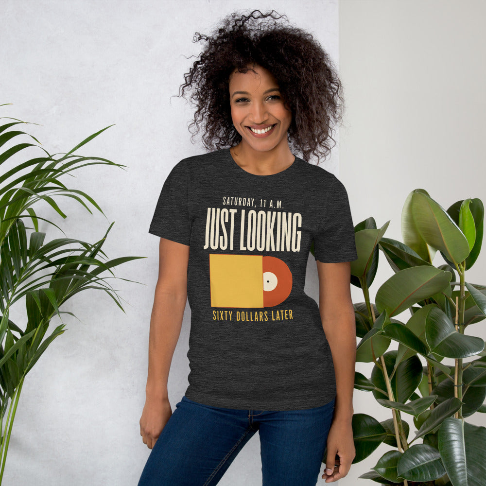 Just Looking Sixty Dollars Later vinyl record tee — Dark Grey Heather, on model