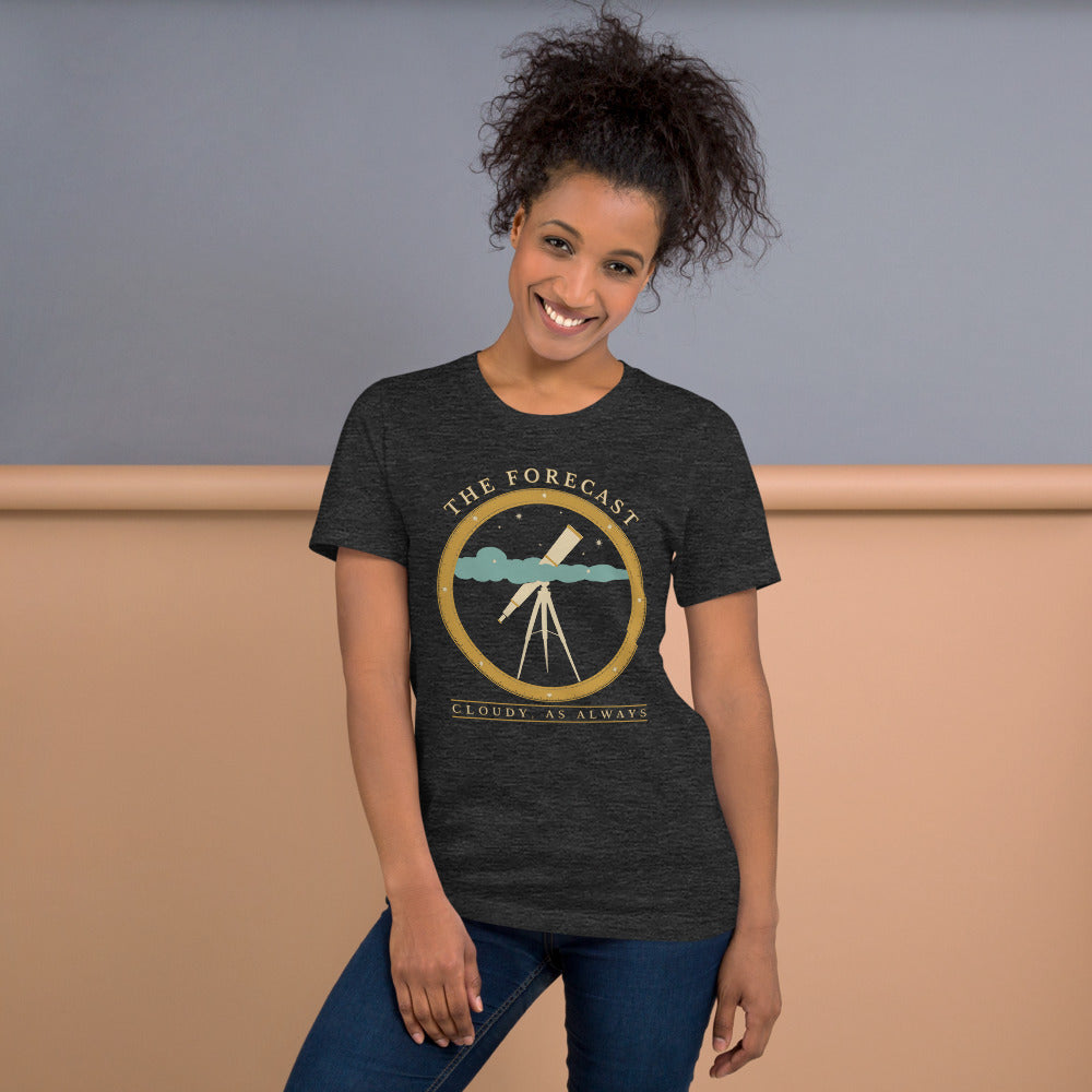 The Forecast Cloudy As Always funny astronomy tee — Dark Grey Heather, on model