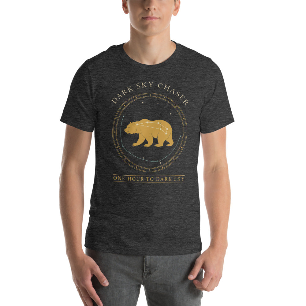Dark Sky Chaser Ursa Major constellation astronomy tee — Dark Grey Heather, on model