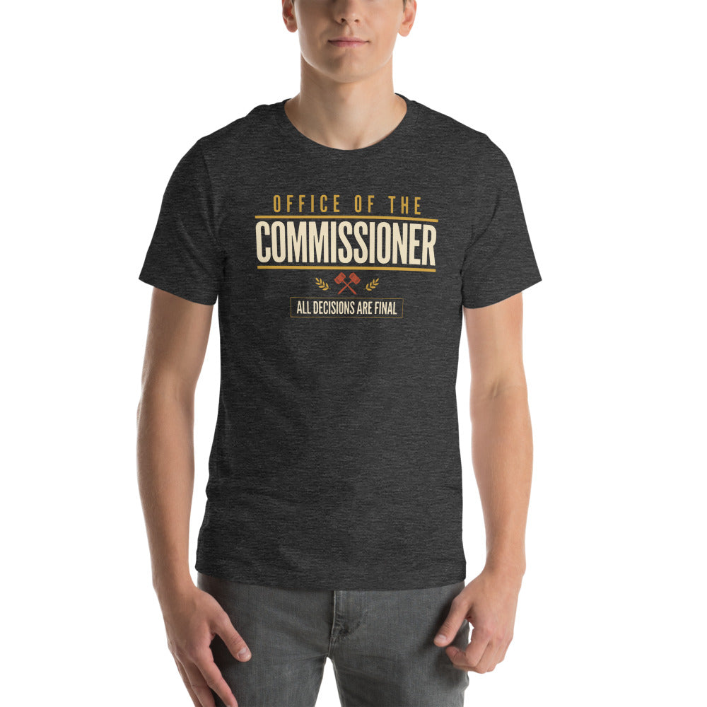 Office of the Commissioner fantasy football draft tee — Dark Grey Heather, on model
