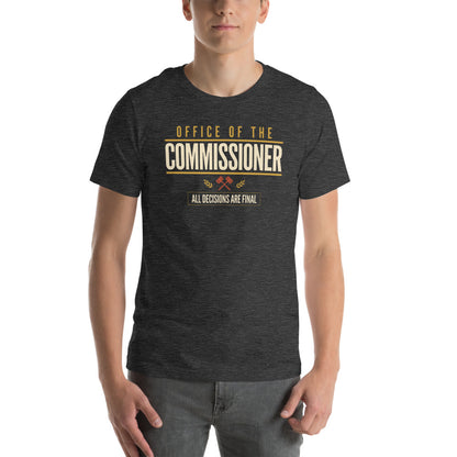 Office of the Commissioner fantasy football draft tee — Dark Grey Heather, on model