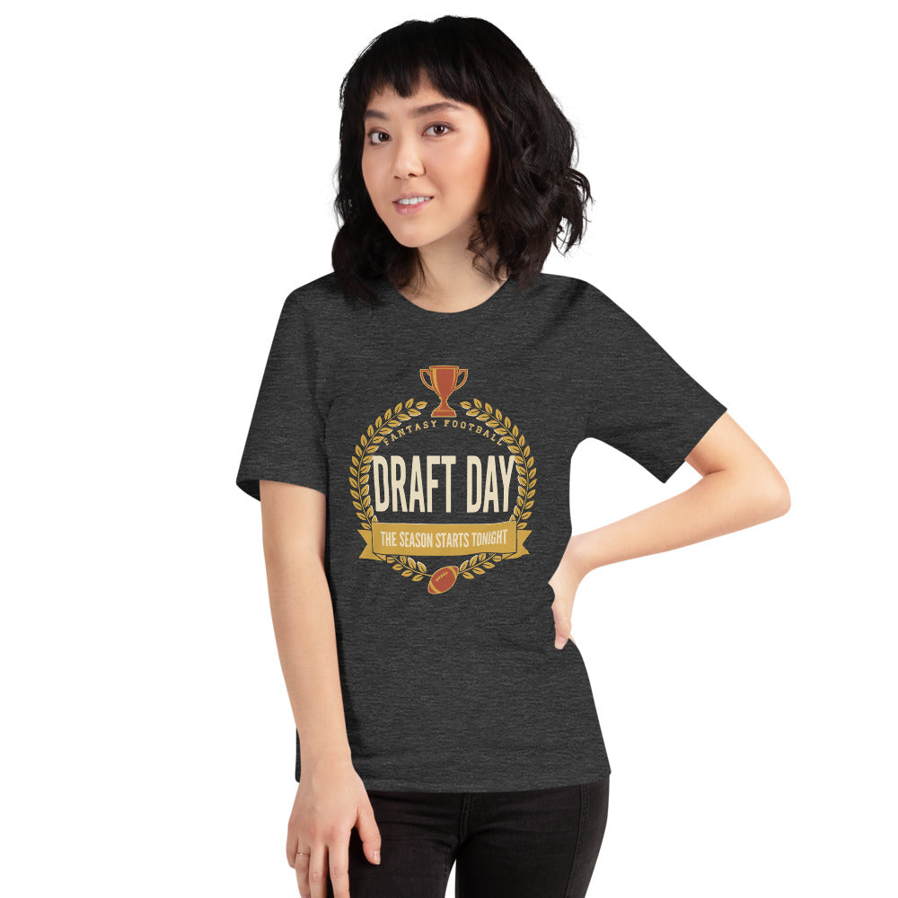 Draft Day Almanac vintage fantasy football draft tee — Dark Grey Heather, on model
