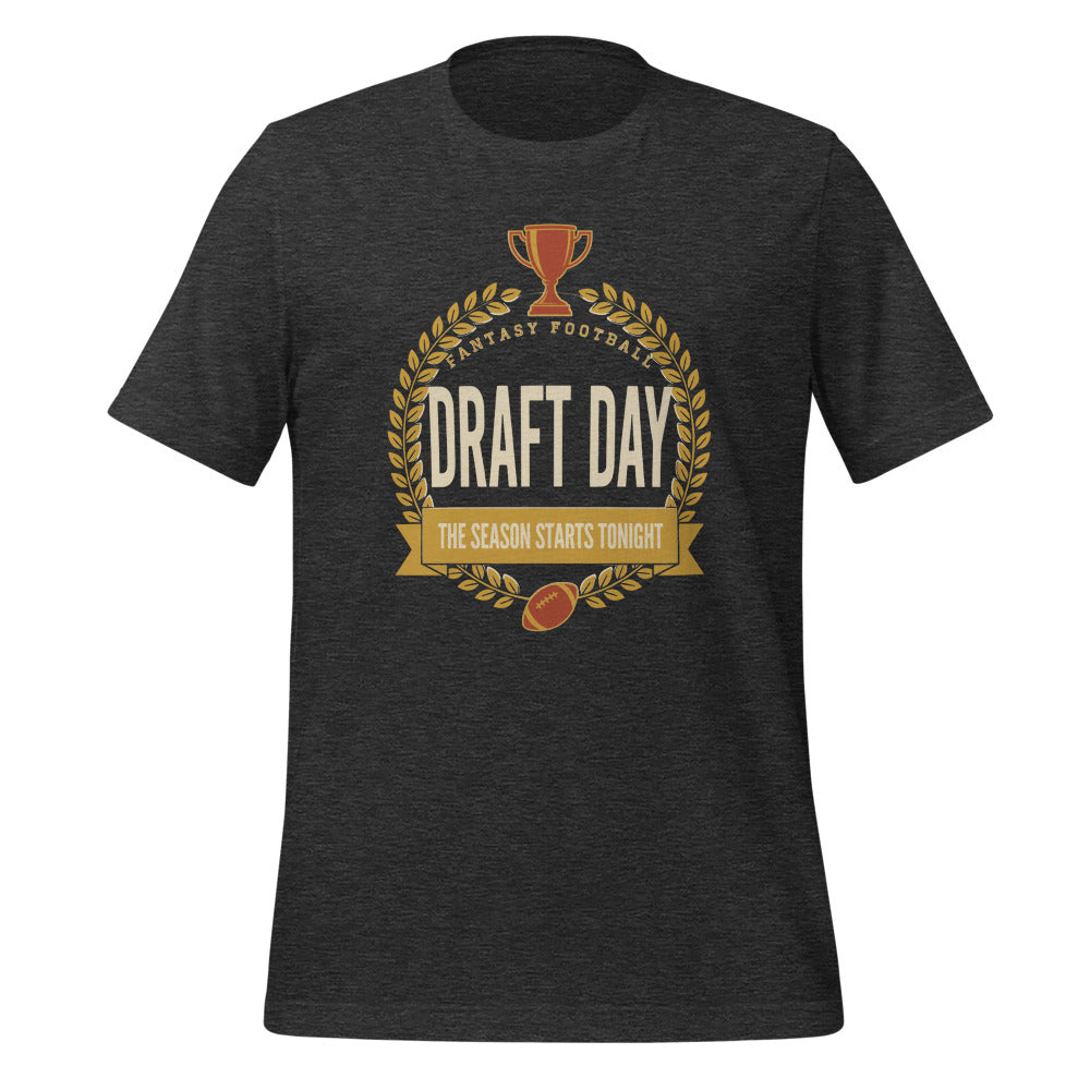 Draft Day Almanac vintage fantasy football draft tee — Dark Grey Heather, front