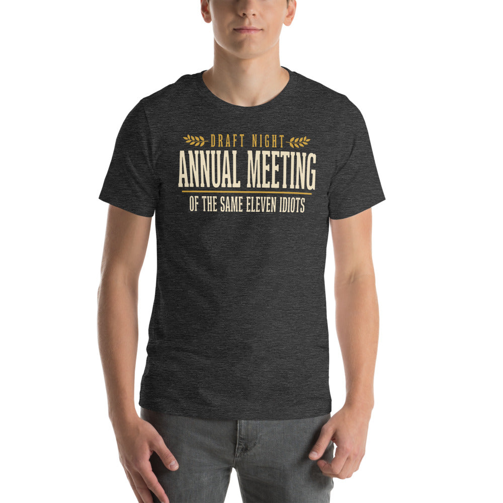Annual Meeting of the Same Eleven Idiots funny fantasy football draft tee — Dark Grey Heather, on model