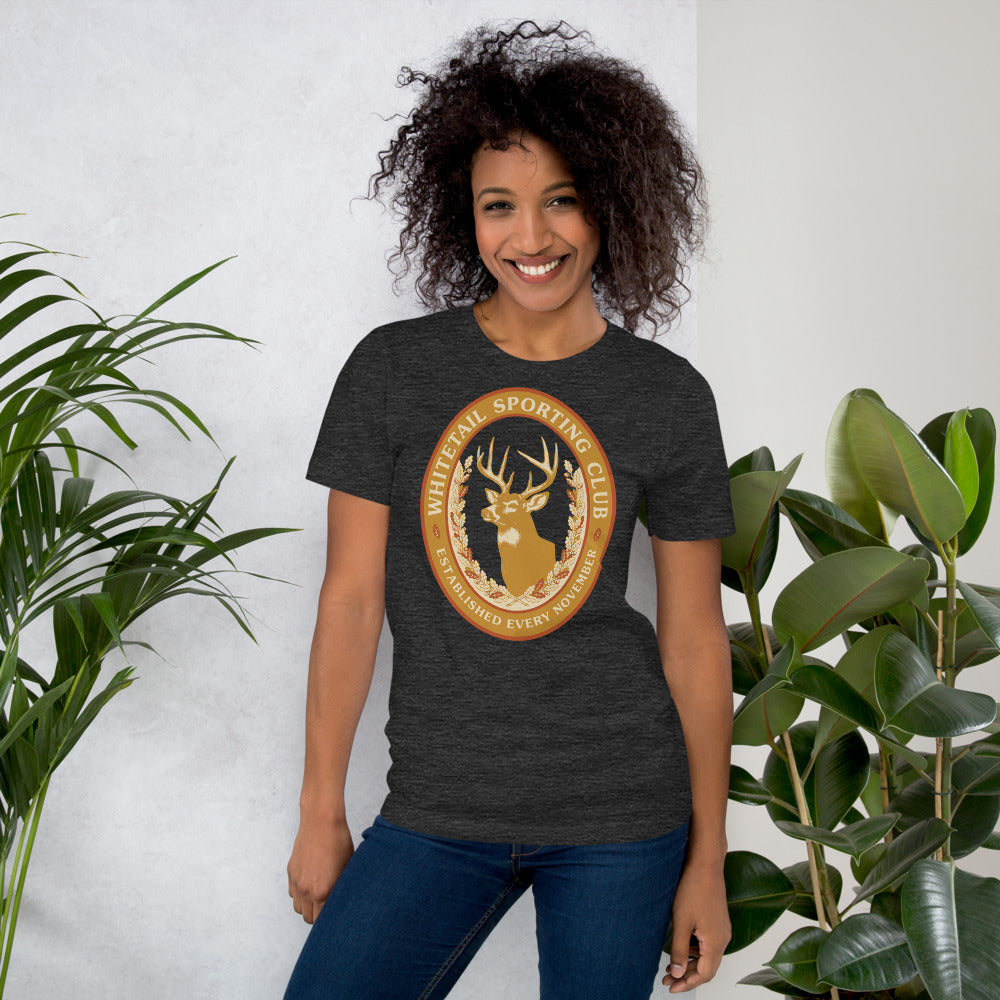 Whitetail Sporting Club vintage deer hunting tee — Dark Grey Heather, on model