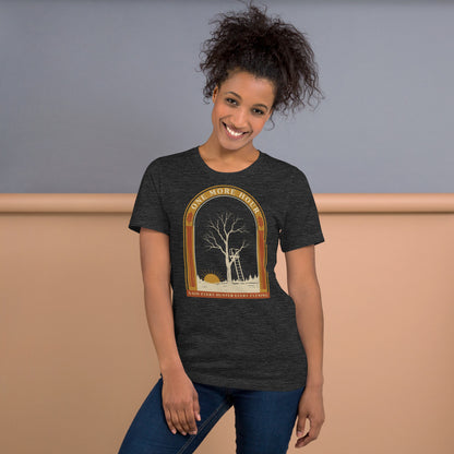 One More Hour funny deer hunting tee — Dark Grey Heather, on model