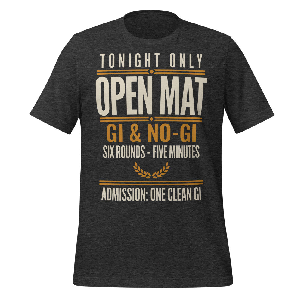 Open Mat Tonight Brazilian jiu jitsu t-shirt — Dark Grey Heather, front