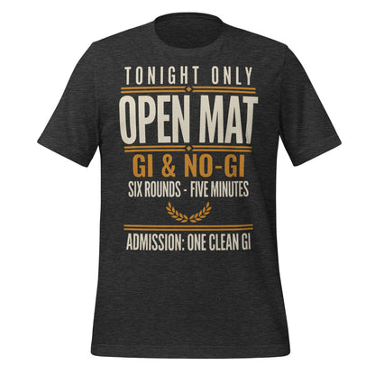 Open Mat Tonight Brazilian jiu jitsu t-shirt — Dark Grey Heather, front