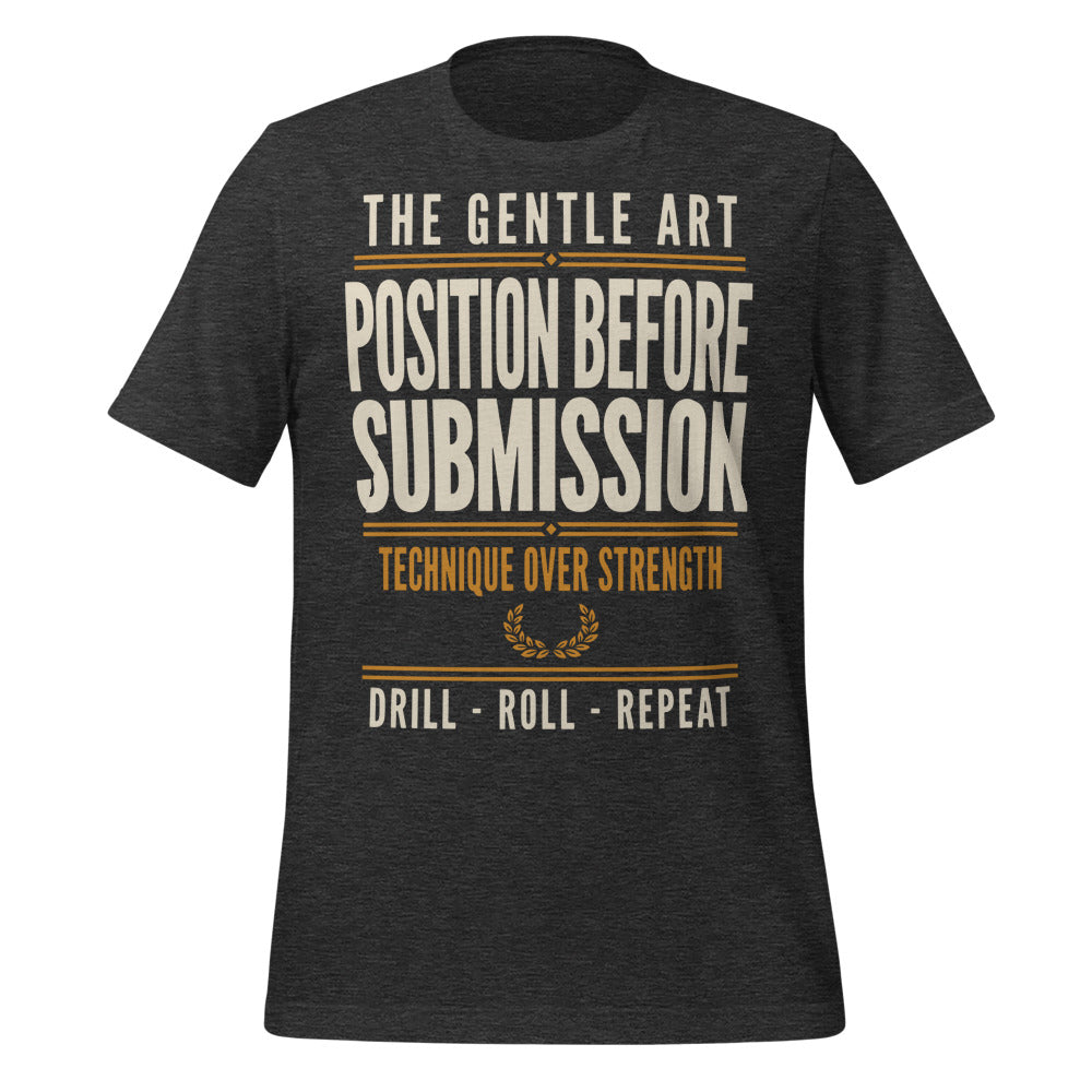 Position Before Submission Brazilian jiu jitsu t-shirt — Dark Grey Heather, front