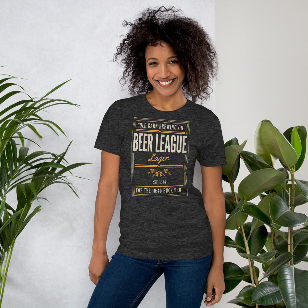 Beer League Cold Barn Brewing lager t-shirt — Dark Grey Heather, on model